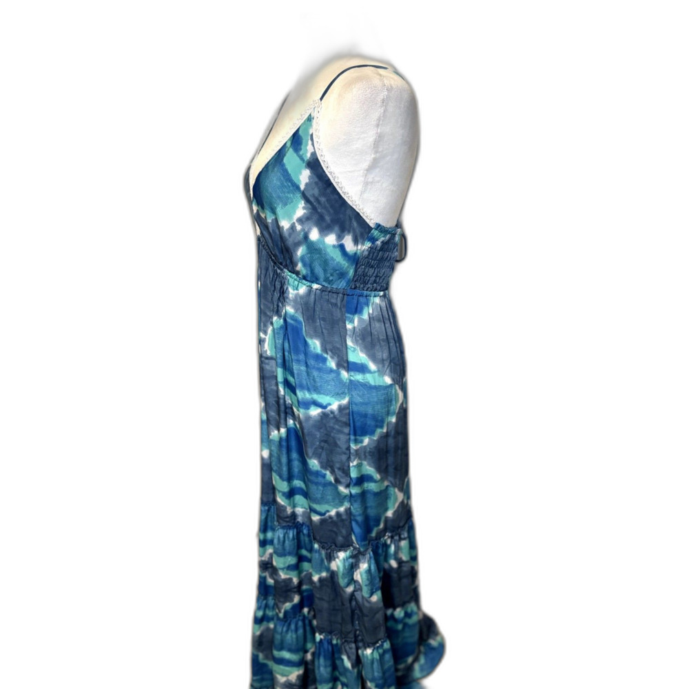 Raga Blue White Tie-Dye Maxi Dress L Bohemian Tiered V-Neck Lace Trim - Picture 3 of 6